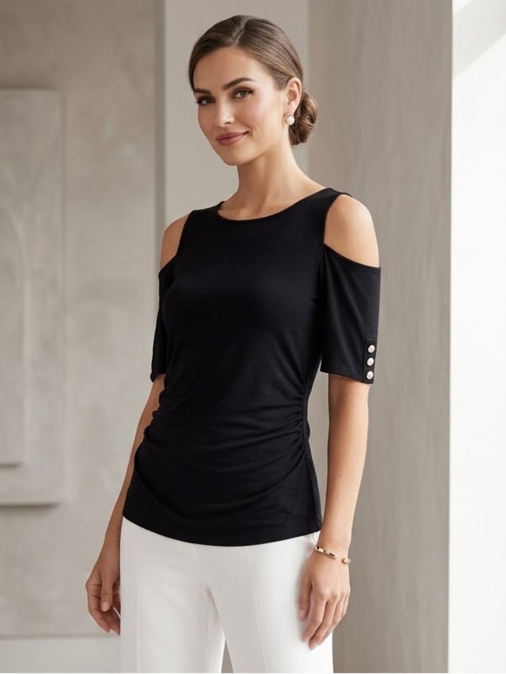 WHBM Cold Shoulder Top Small Black Gold Button Cuff Side Ruched Short Sleeve